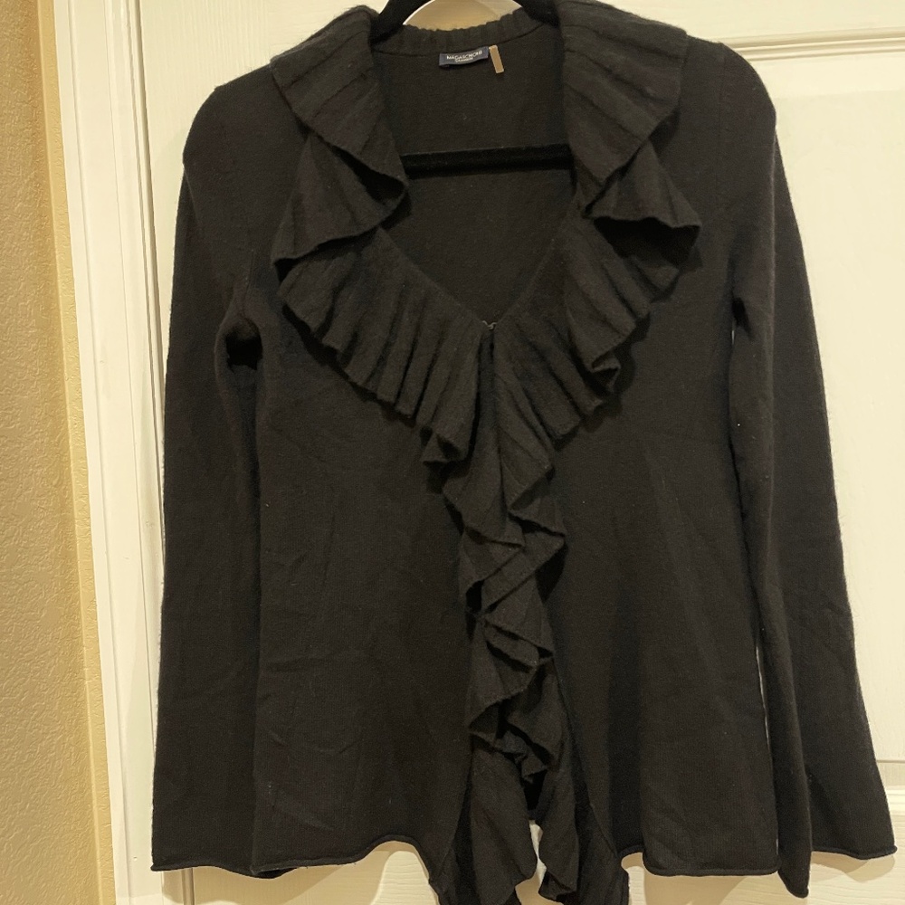 Magaschoni Cashmere Cardigan Women Small Black Sweater Ruffle Waterfall Open Top